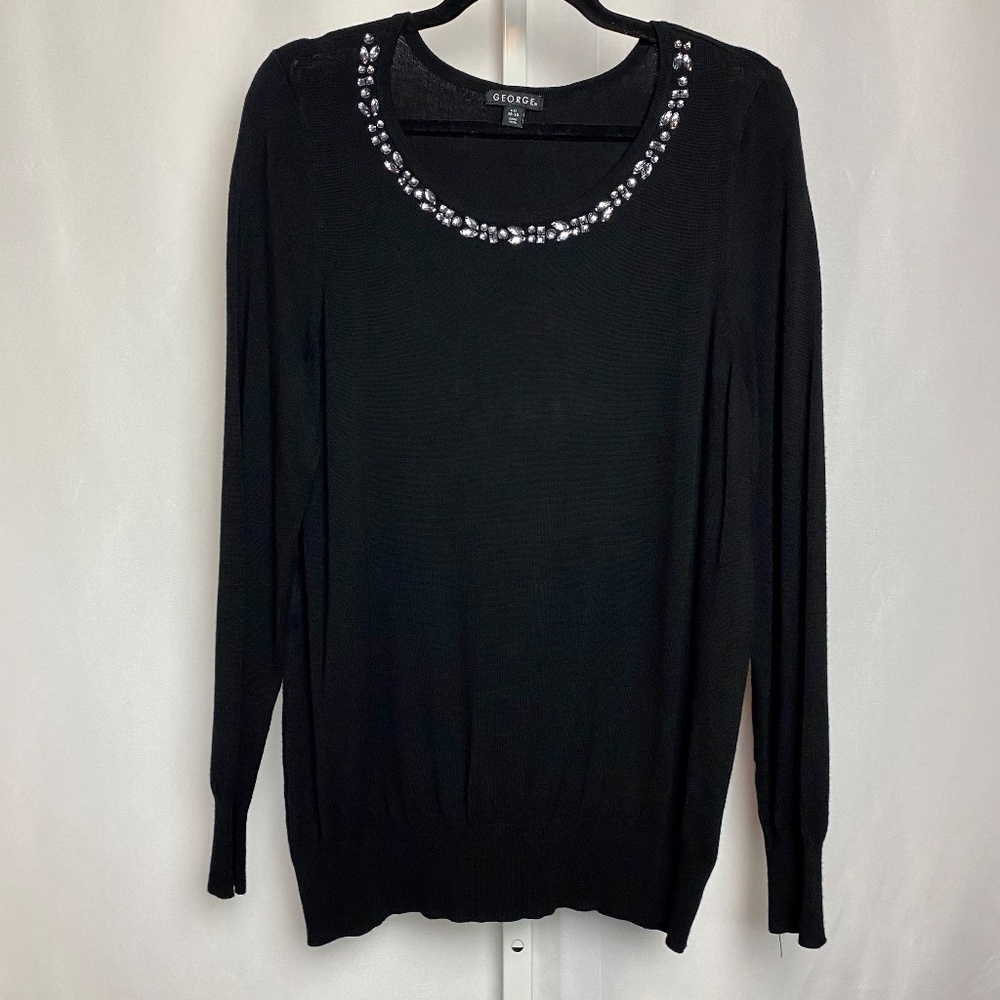 George Womenʻs Classic Black Knit Jeweled Neckline Pullover Sweater Large